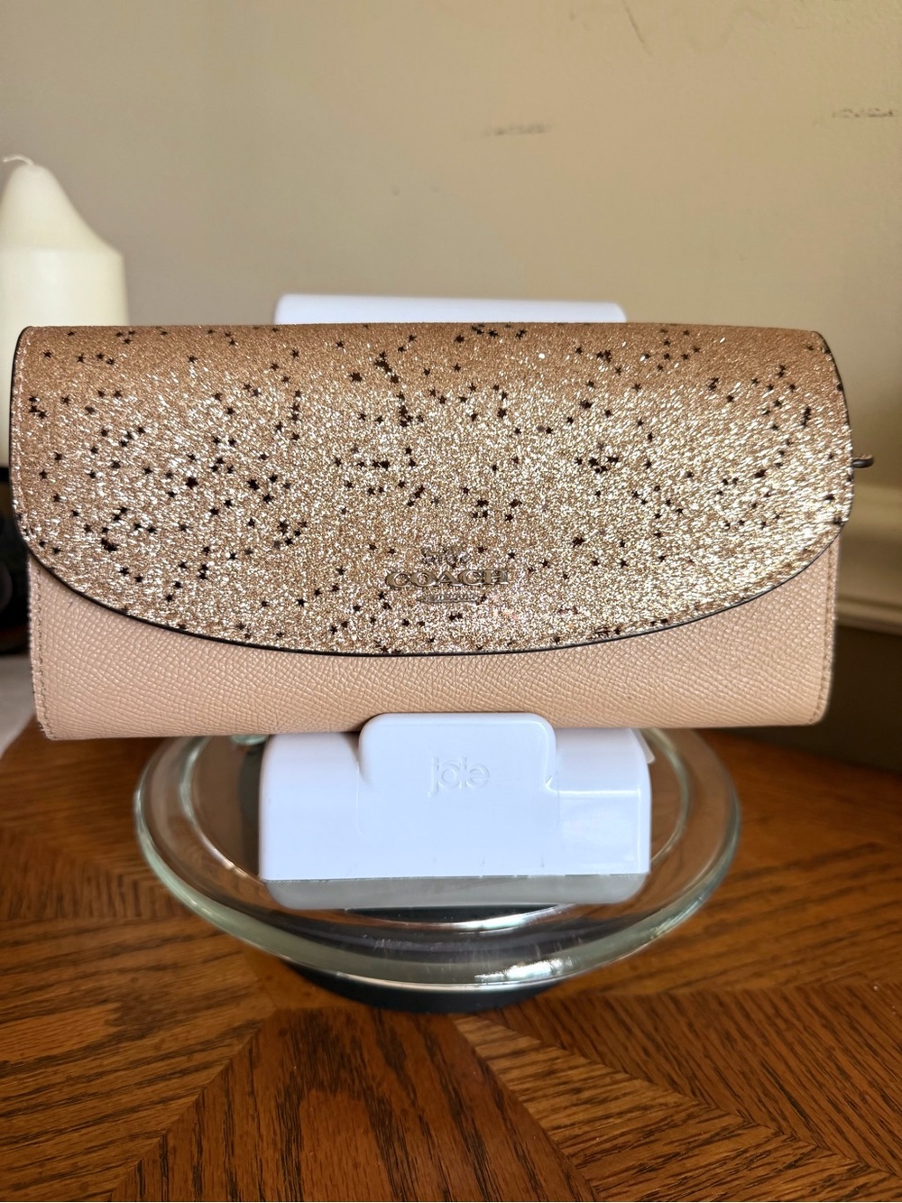 Coach Gold Star Glitter  Fold-Over slim Wallet in tan EUC